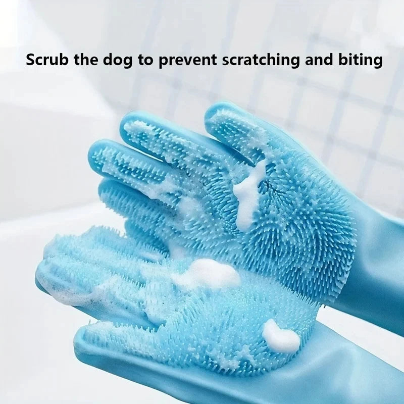 Magic Silicone Pet Bath & Grooming Gloves with Built-in Scrubbers