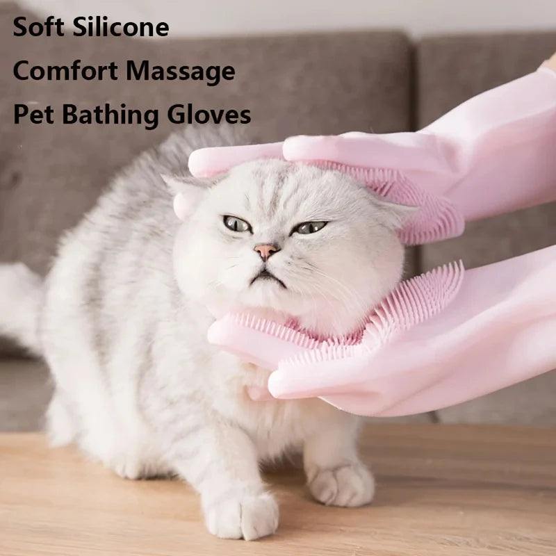Magic Silicone Pet Bath & Grooming Gloves with Built-in Scrubbers
